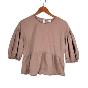 Tulip Mauve Puff Sleeve Peplum Babydoll Textured Cotton Top Sz S y2k Cottagecore